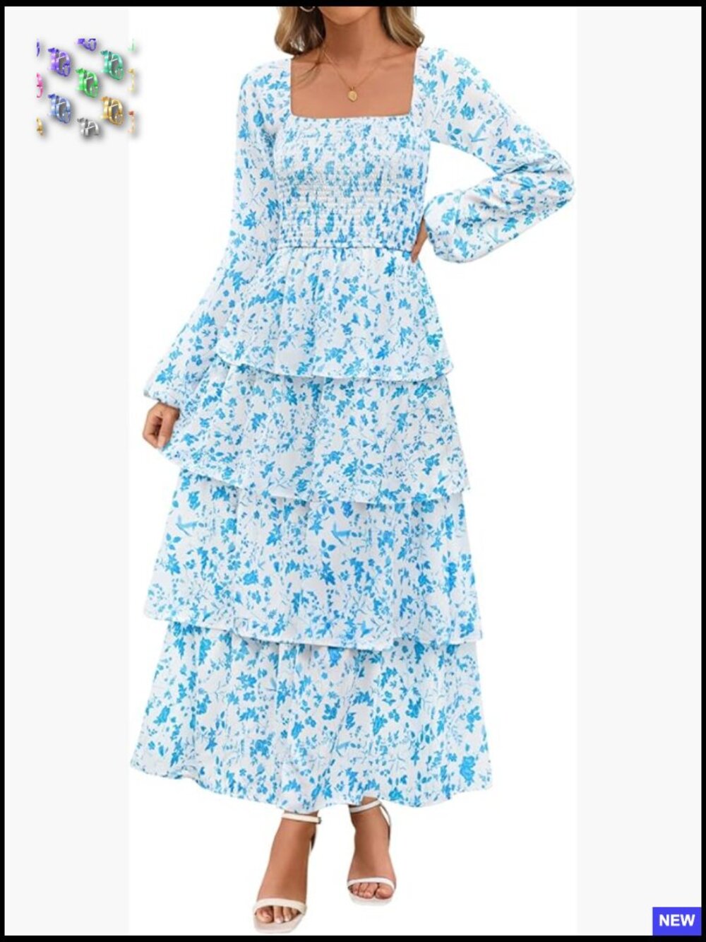 Long Sleeve Ruffle Tiered Maxi Dress Elegant Square Neck Smocked Bodice